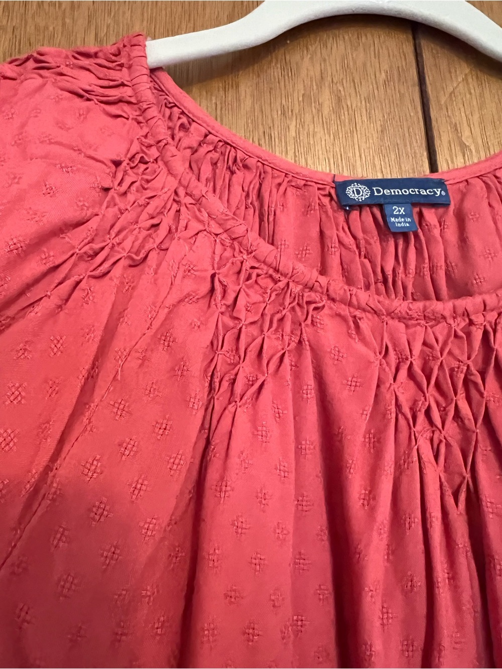 Democracy Coral Smocked Neck Peasant Blouse - Picture 3 of 13